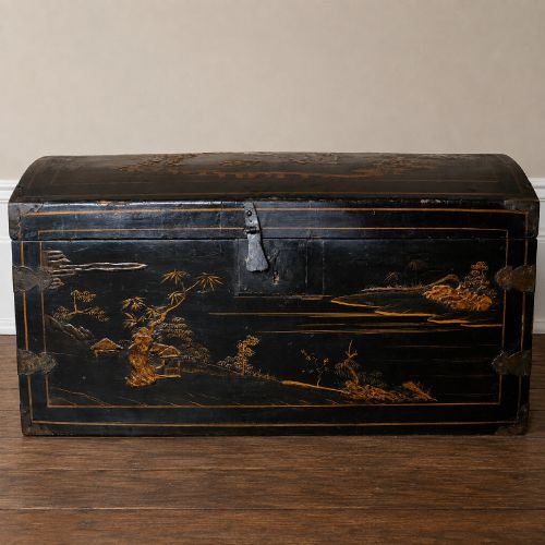 19th Century Chinese Export Black Lacquer Domed Chest / Trunk with Gilt Decoration