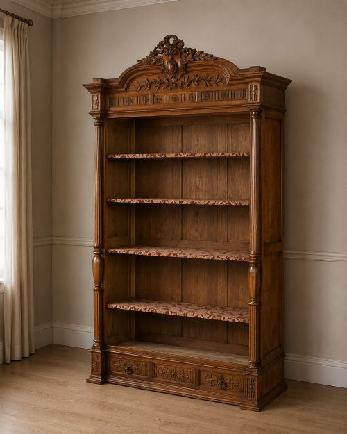 Large 19th Century Continental Open Library Bookcase C.1880 Carved Solid Wood
