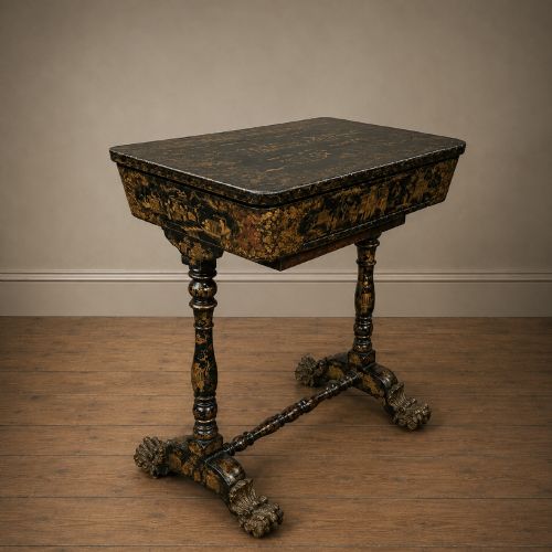 Regency Chinese Export Black & Gilt Lacquer Work Table / Sewing Table