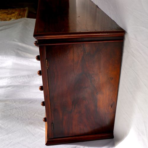 fig 4. A Regency period dark rosewood tabletop collectors cabinet featuring twin banks of small drawers flanking a central mirrored shelf unit with Gothic arched carving.