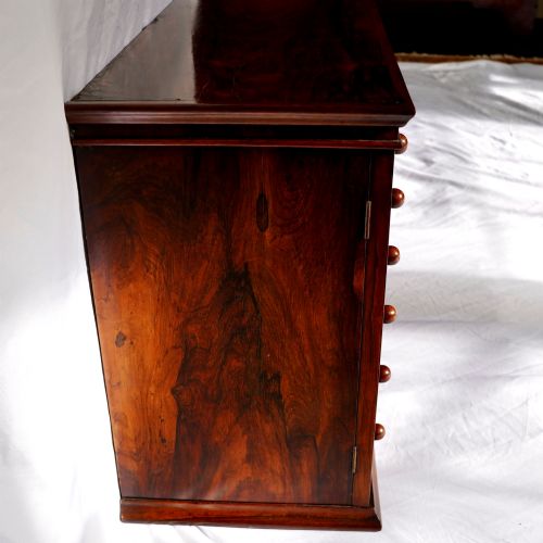 fig 5. A Regency period dark rosewood tabletop collectors cabinet featuring twin banks of small drawers flanking a central mirrored shelf unit with Gothic arched carving.