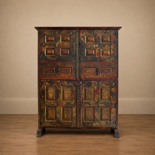 Exceptional 17th Century Spanish Basque Polychrome Painted Oak Linen Press Cupboard C.1680