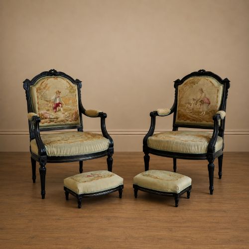 Pair of French Louis Xvi Revival Ebonised Beech Salon Armchairs & Footstools, C.1870