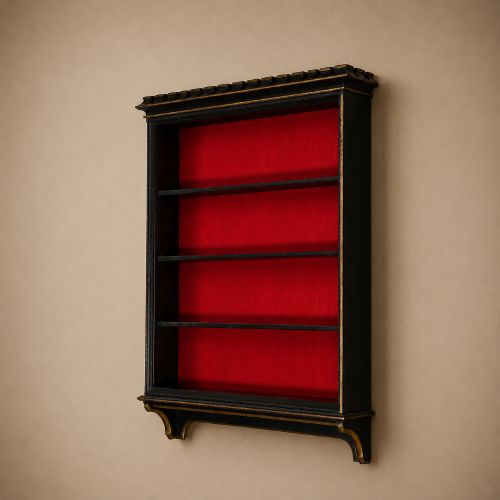 fig 5. An ebonised Victorian Gothic Revival wall-mounted open bookcase featuring four shelves backed with red fabric and framed with dark architectural moulding.