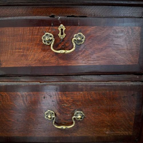 fig 9. A Georgian dark oak chest of drawers featuring two short drawers over three long drawers with mahogany crossbanding and brass swan-neck handles.