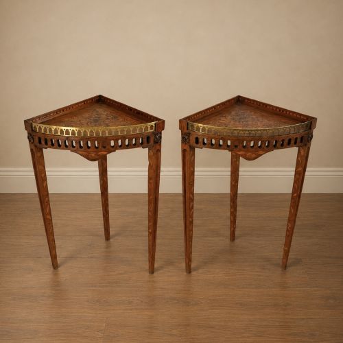 Pair Georgian Marquetry Inlaid Corner/ Lamp Tables with Brass Galleries