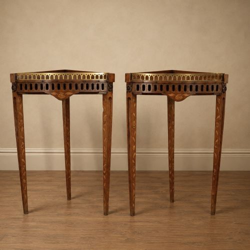 fig 8. A pair of 18th-century triangular corner tables featuring detailed floral marquetry top surfaces, pierced friezes, tapering legs, and brass galleries.