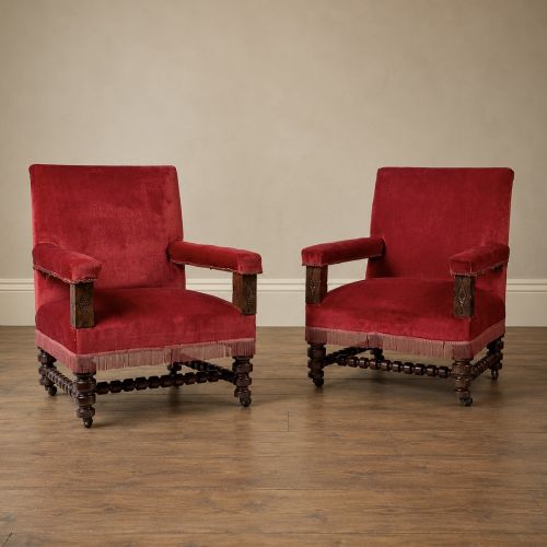 Pair of Oversized Victorian Oak and Red Velvet Armchairs