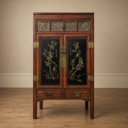 Chinese Qing Dynasty Red & Black Lacquer Cabinet, Fujian, Late 19th Century