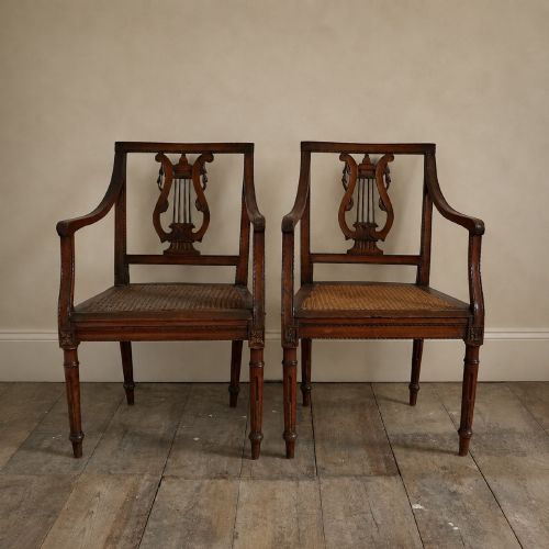 Pair of 19th Century Regency Style Mahogany Lyre Back Cane Seat Armchair