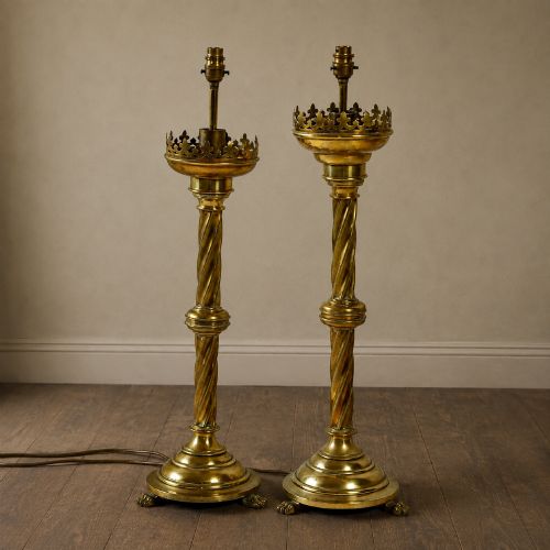 Pair 19th Century Gothic Revival Brass Altar Candlestick Table Lamps