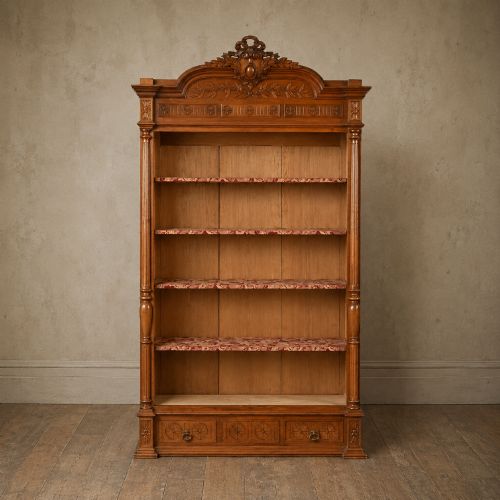 Large 19th Century Continental Open Library Bookcase C.1880 Carved Solid Wood