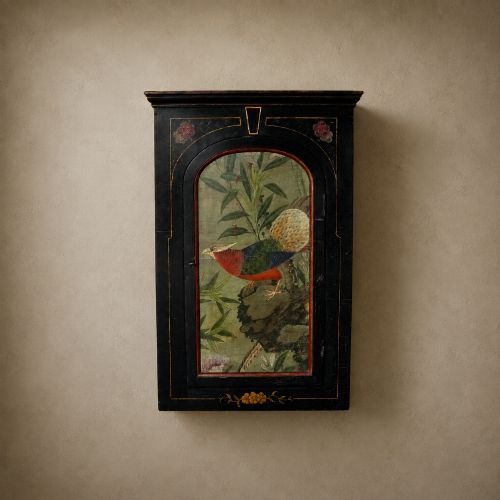 Oriental Style Ebonised Painted Wall Cupboard Cabinet with Hand Painted Bird & Key