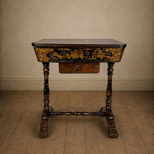 Regency Chinese Export Black & Gilt Lacquer Work Table / Sewing Table