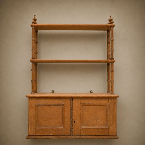 19th Century Pine Wall Shelves with Cupboard Antique Kitchen Rack