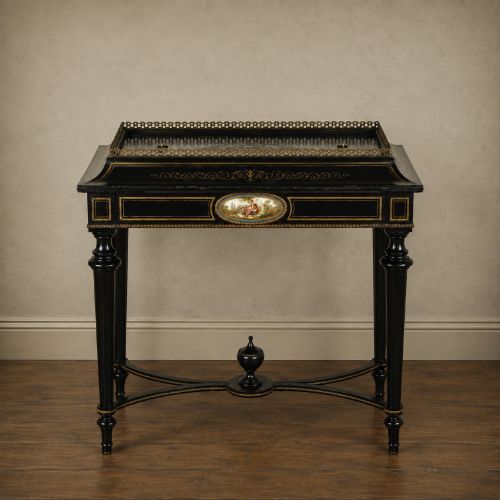 French Napoleon III Ebonised Jardinière Stand with Painted Porcelain Plaques