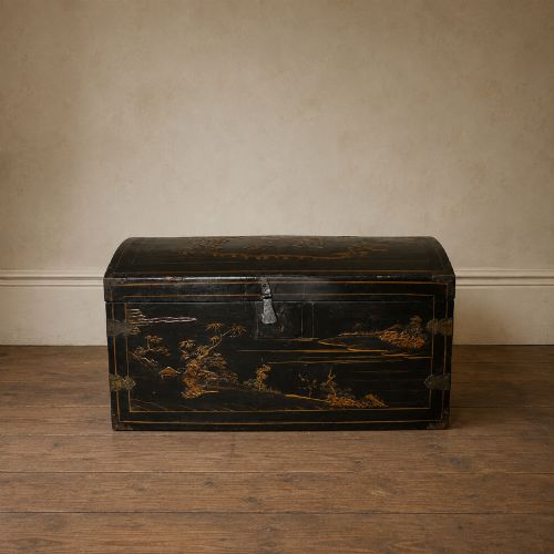 19th Century Chinese Export Black Lacquer Domed Chest / Trunk with Gilt Decoration