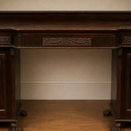 fig 3. An Edwardian Adam Revival dark mahogany breakfront sideboard featuring carved floral swags, oval paterae, a low gallery back, and carved paw feet.