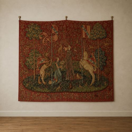 Large Antique French Wool Needlepoint Tapestry After 'The Lady and the Unicorn'