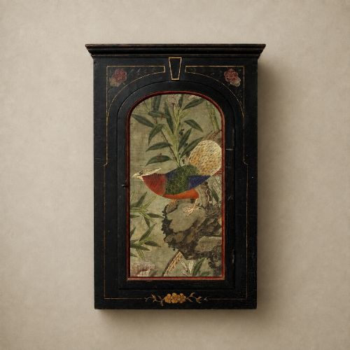 Oriental Style Ebonised Painted Wall Cupboard Cabinet with Hand Painted Bird & Key