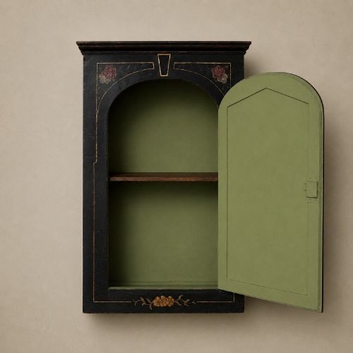 fig 1. An ebonised black wooden wall cabinet featuring an arched door panel decorated with a hand-painted exotic bird amongst green foliage.