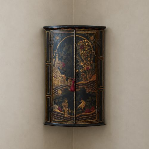 19th Century Bow Front Japanned Chinoiserie Corner Cupboard