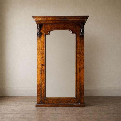 Victorian Figured Walnut Single Mirrored Wardrobe, C.1870