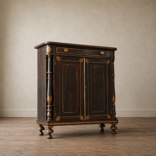 fig 2. A Regency period side cabinet featuring simulated rosewood graining, gilt corner decorations, turned flanking columns, a top drawer, and two cupboard doors.