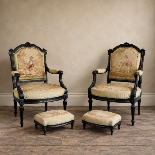 Pair of French Louis Xvi Revival Ebonised Beech Salon Armchairs & Footstools, C.1870