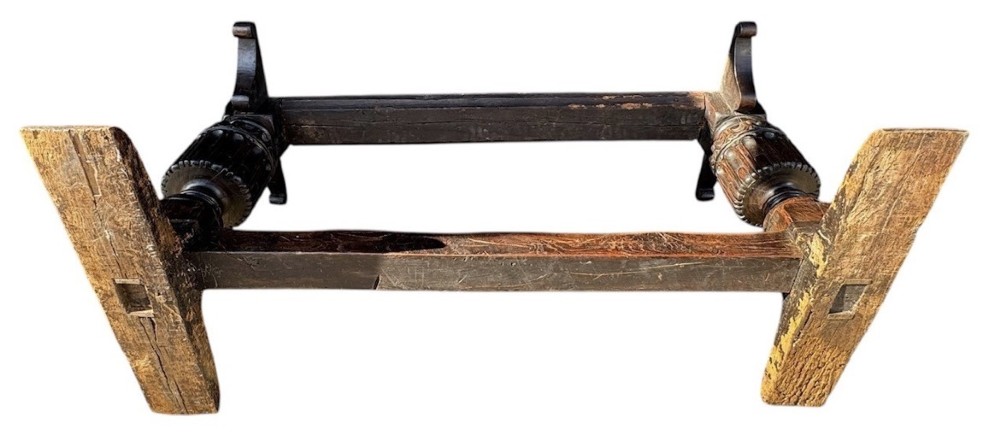 A 17th-century oak and elm refectory dining table featuring a solid single-plank top over thick carved bulbous pedestal supports and a low central stretcher rail. View VI
