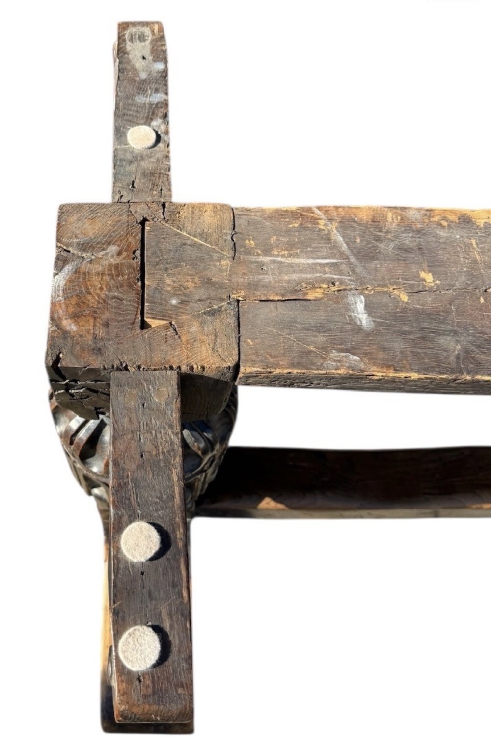 A 17th-century oak and elm refectory dining table featuring a solid single-plank top over thick carved bulbous pedestal supports and a low central stretcher rail. View VIII