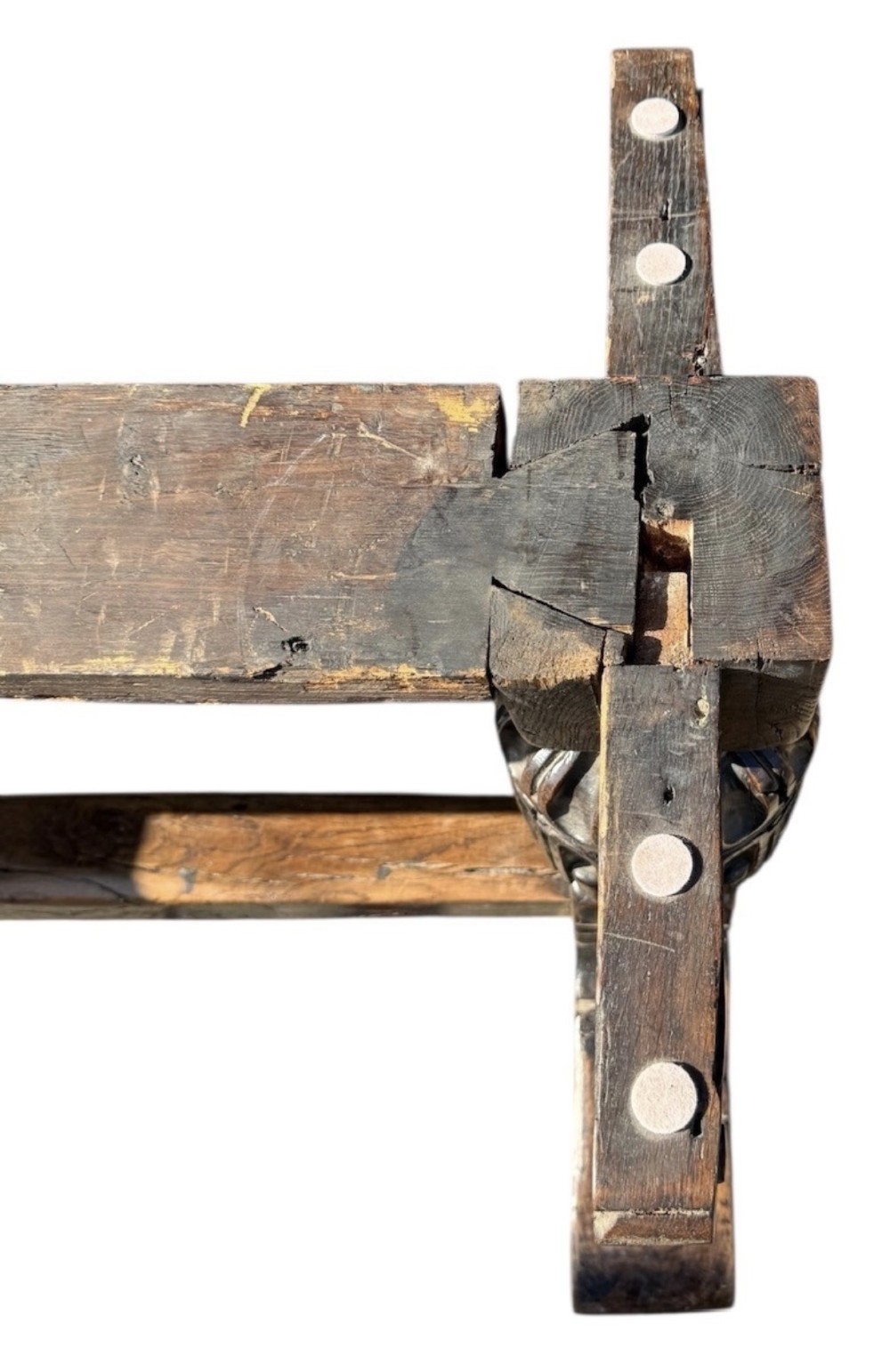 A 17th-century oak and elm refectory dining table featuring a solid single-plank top over thick carved bulbous pedestal supports and a low central stretcher rail. View IX