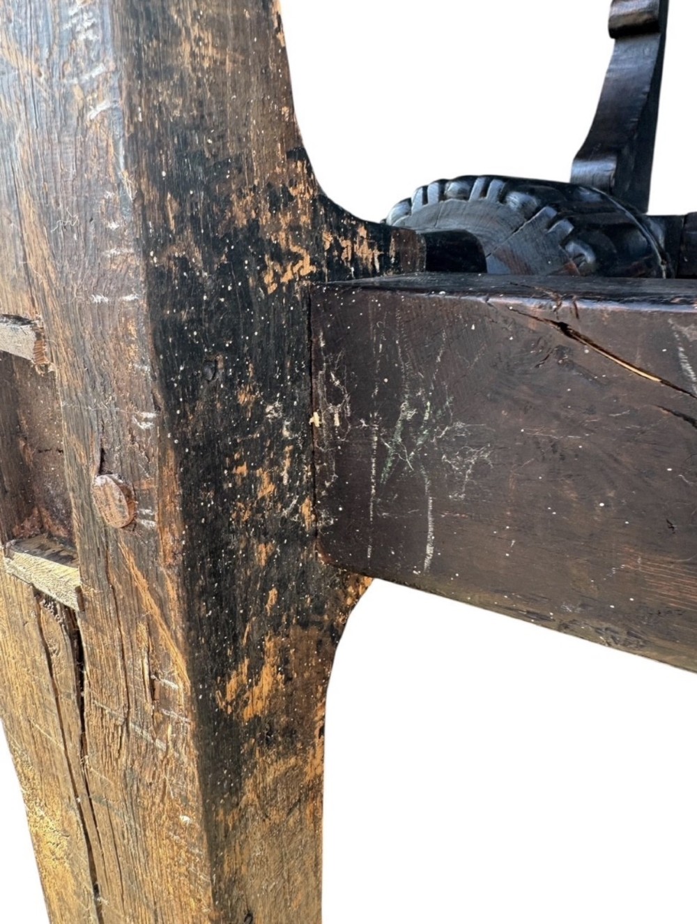 A 17th-century oak and elm refectory dining table featuring a solid single-plank top over thick carved bulbous pedestal supports and a low central stretcher rail. View XI