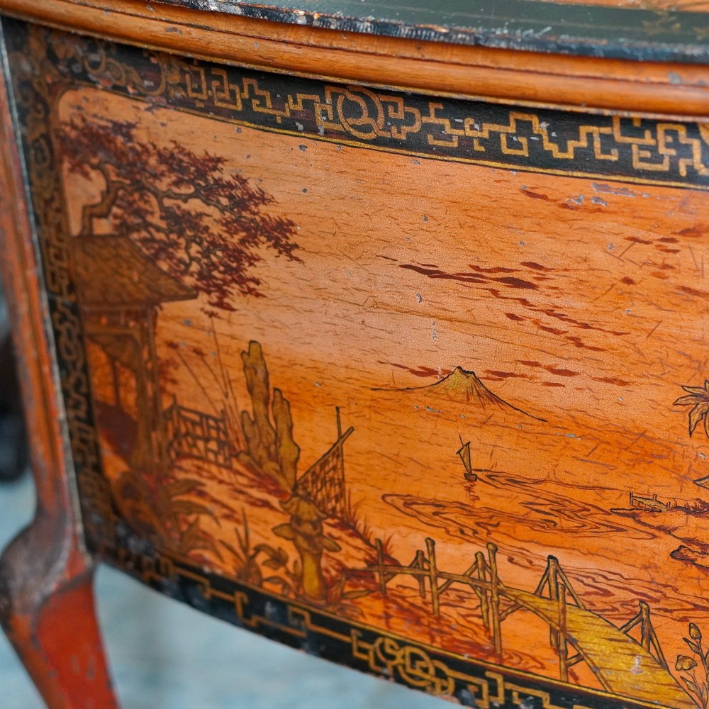 A late nineteenth-century kidney-shaped red lacquered Chinoiserie dressing table featuring four drawers, hand-painted oriental scenes, and cabriole legs. View VIII