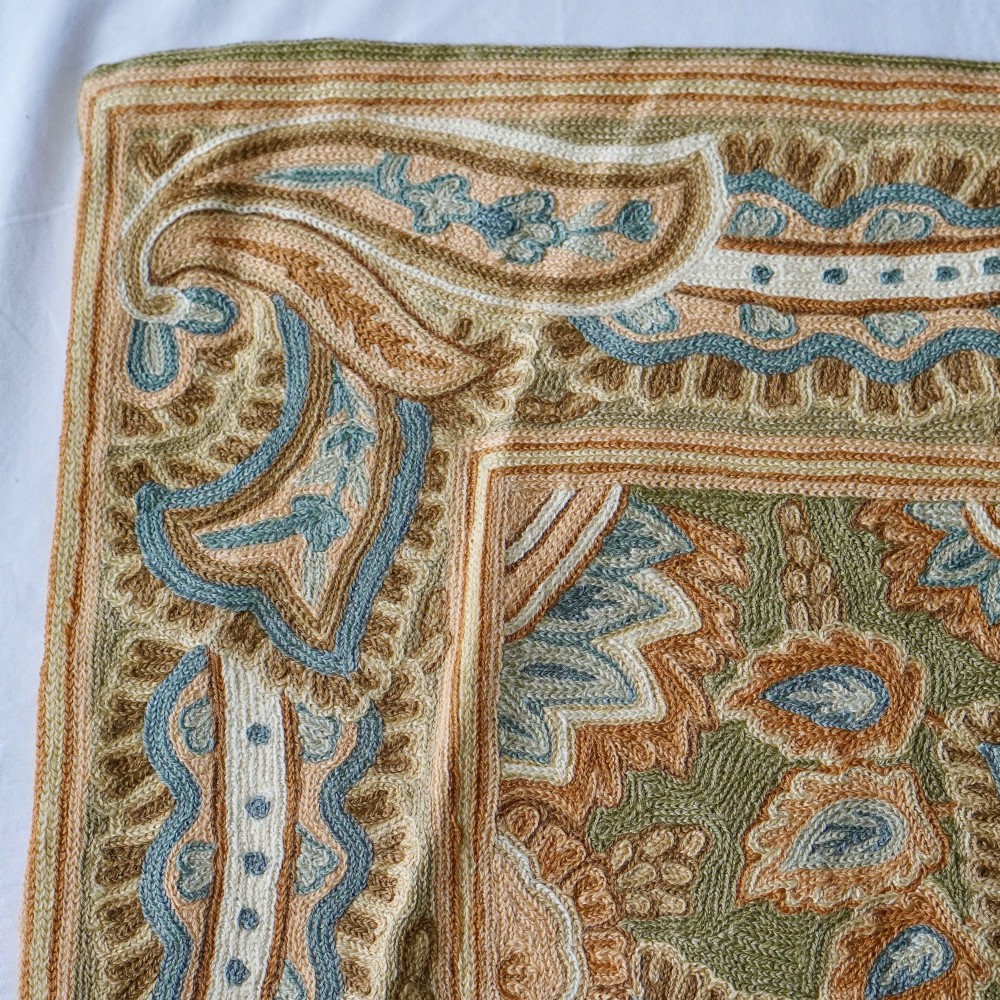 A rectangular crewelwork embroidered textile panel featuring large paisley motifs in terracotta, blue, and cream on a sage green background with a decorative border. View III