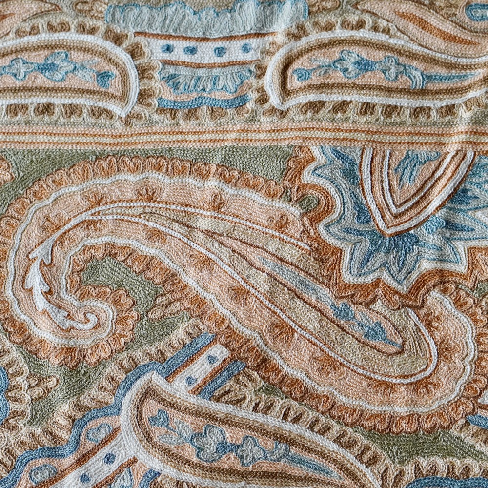 A rectangular crewelwork embroidered textile panel featuring large paisley motifs in terracotta, blue, and cream on a sage green background with a decorative border. View IV