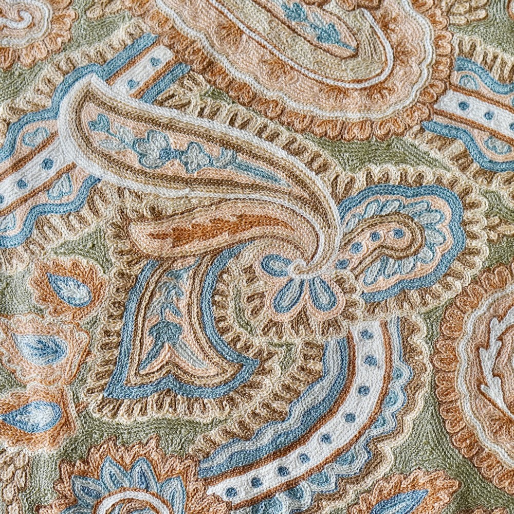 A rectangular crewelwork embroidered textile panel featuring large paisley motifs in terracotta, blue, and cream on a sage green background with a decorative border. View V
