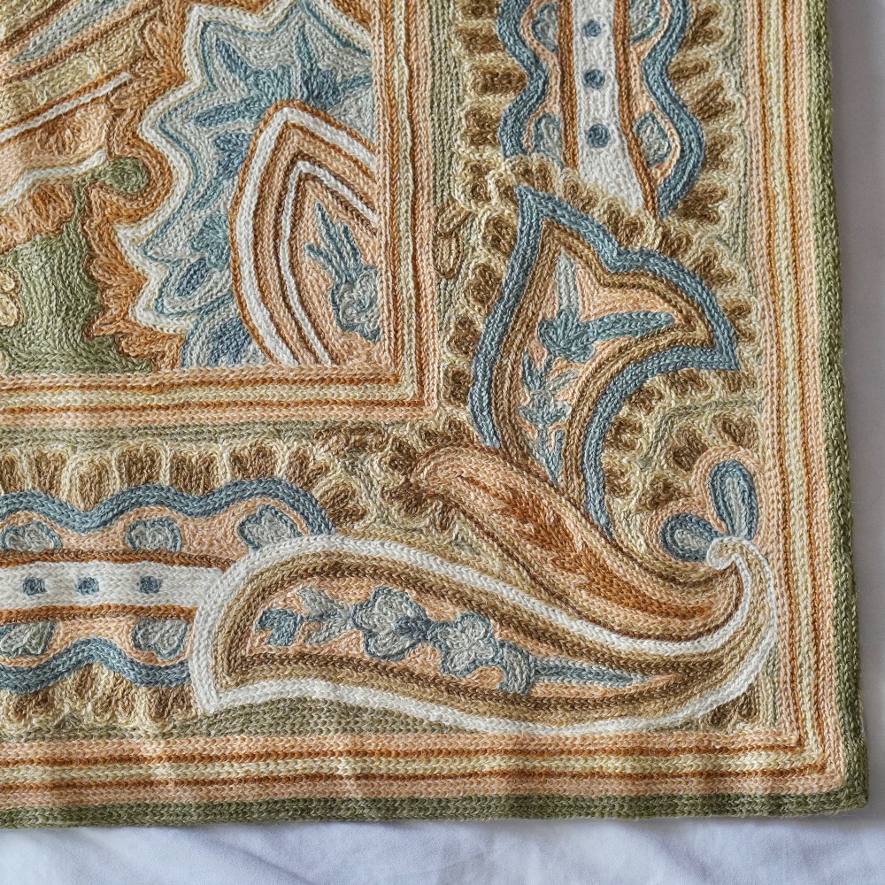 A rectangular crewelwork embroidered textile panel featuring large paisley motifs in terracotta, blue, and cream on a sage green background with a decorative border. View VI
