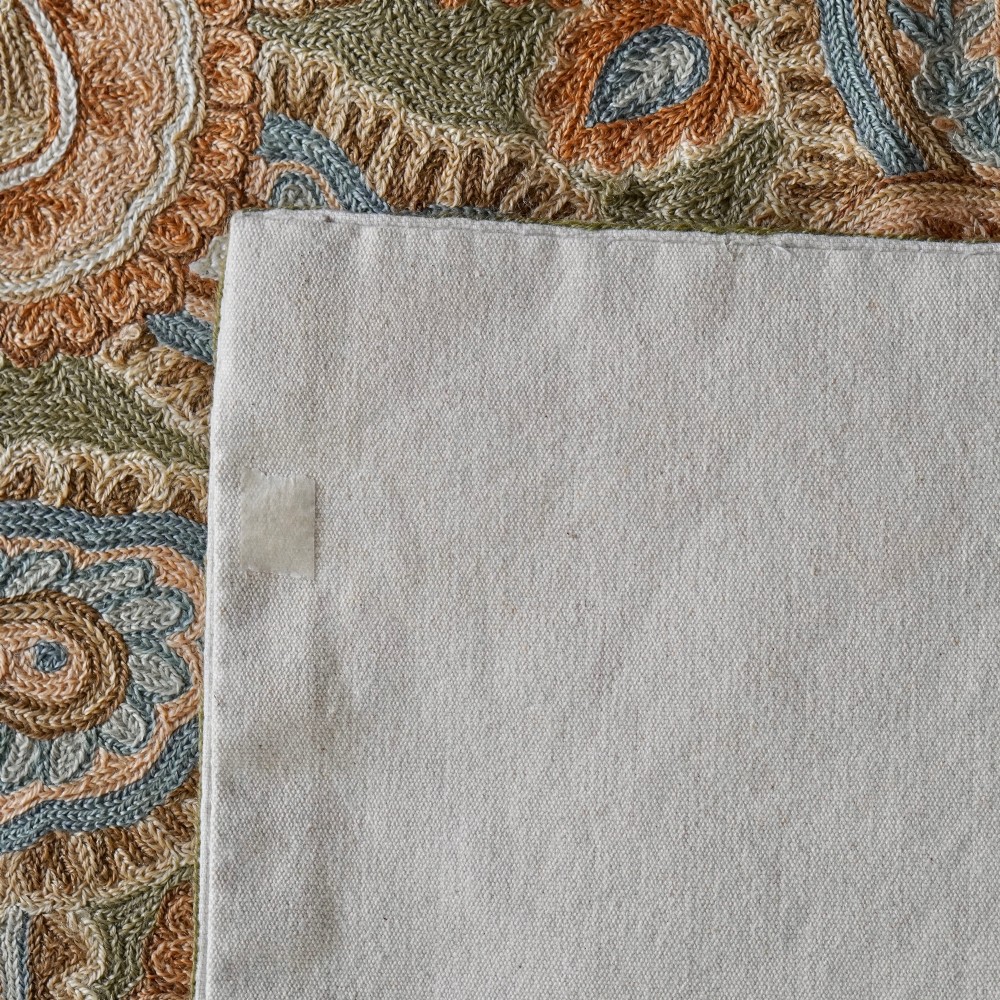 A rectangular crewelwork embroidered textile panel featuring large paisley motifs in terracotta, blue, and cream on a sage green background with a decorative border. View VIII