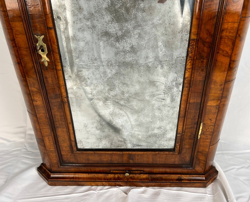 A Queen Anne walnut hanging corner cupboard featuring a double-moulded arched cornice, a mirrored door panel, and an integrated candle slide. View IV