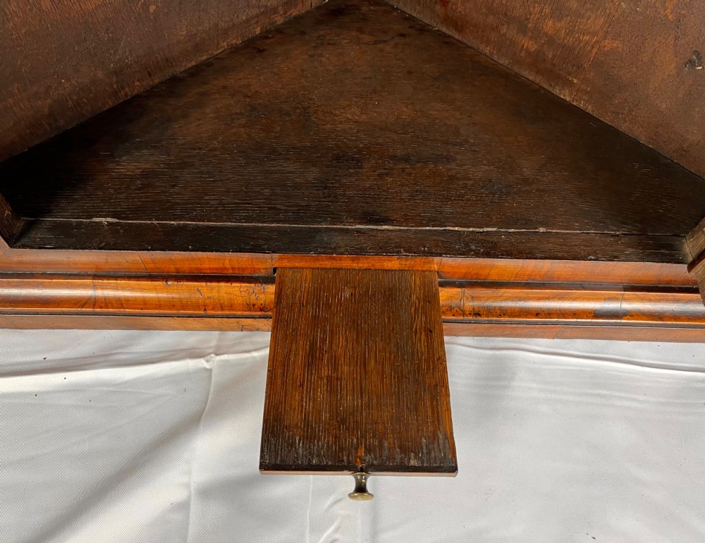 A Queen Anne walnut hanging corner cupboard featuring a double-moulded arched cornice, a mirrored door panel, and an integrated candle slide. View XI