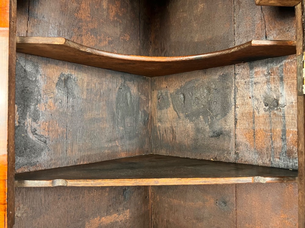 A Queen Anne walnut hanging corner cupboard featuring a double-moulded arched cornice, a mirrored door panel, and an integrated candle slide. View XIII