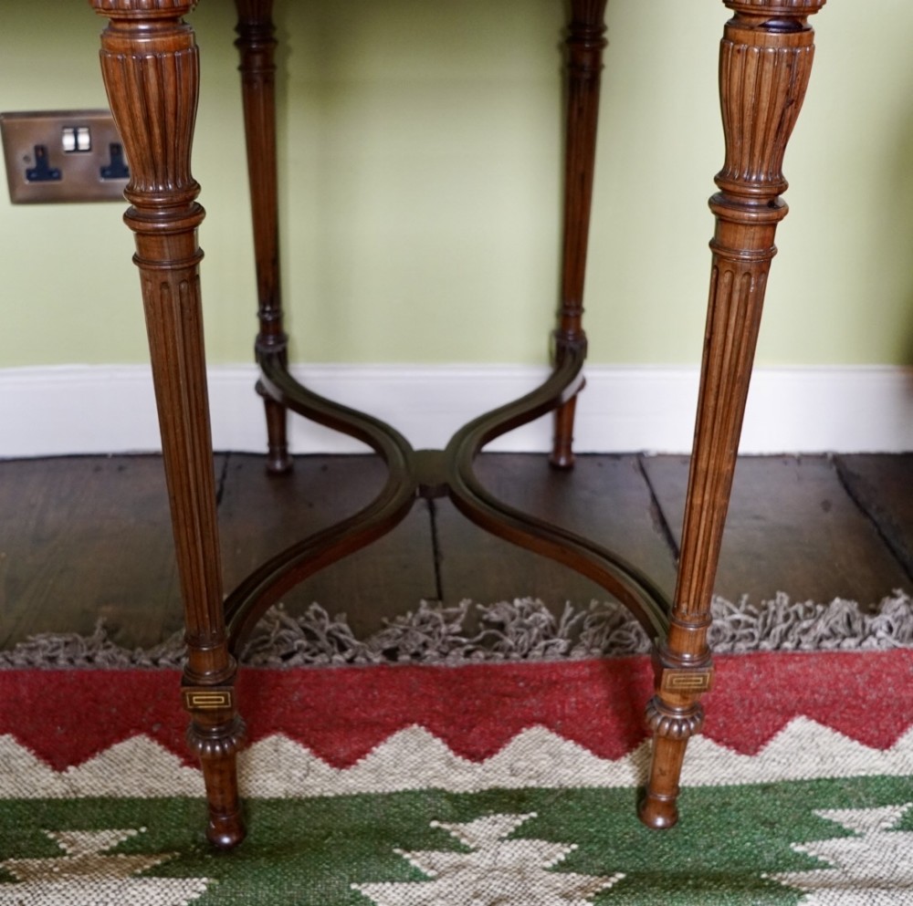 A Victorian rosewood writing desk featuring a brass gallery shelf, three drawers with brass handles, turned fluted legs, and curved stretchers. View VIII