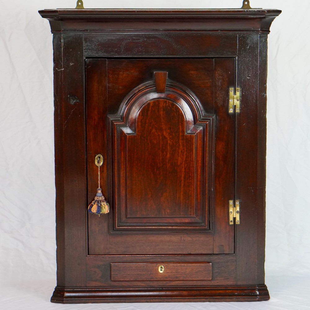A Georgian mahogany hanging corner cupboard featuring an arched fielded panel door, brass H-hinges, key escutcheon, and a lower drawer. View II