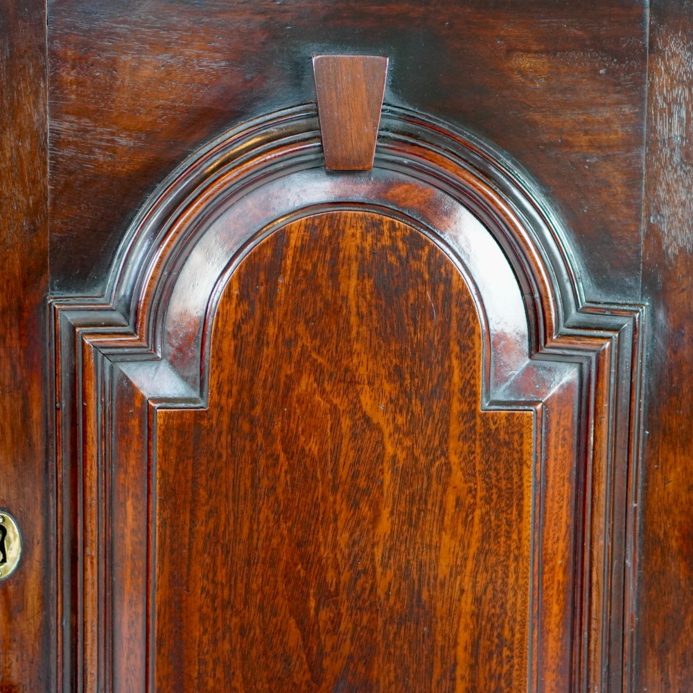 A Georgian mahogany hanging corner cupboard featuring an arched fielded panel door, brass H-hinges, key escutcheon, and a lower drawer. View IV