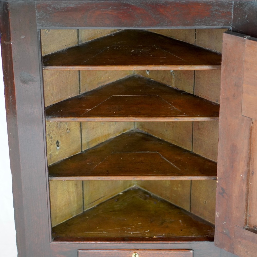 A Georgian mahogany hanging corner cupboard featuring an arched fielded panel door, brass H-hinges, key escutcheon, and a lower drawer. View VIII
