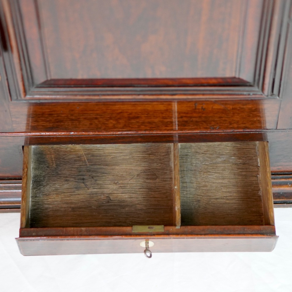 A Georgian mahogany hanging corner cupboard featuring an arched fielded panel door, brass H-hinges, key escutcheon, and a lower drawer. View XI