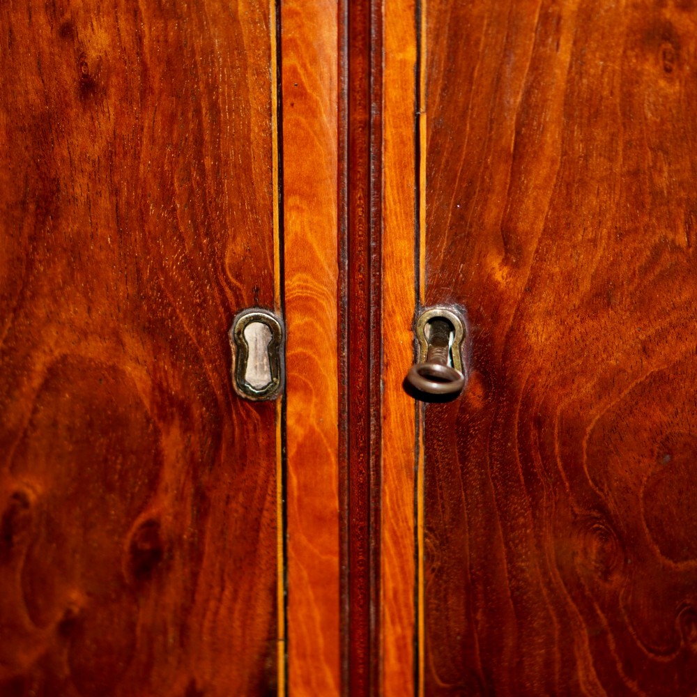 A George III bow front mahogany corner cabinet featuring polished plum pudding veneers, inlaid border stringing, and two curved doors. View VII
