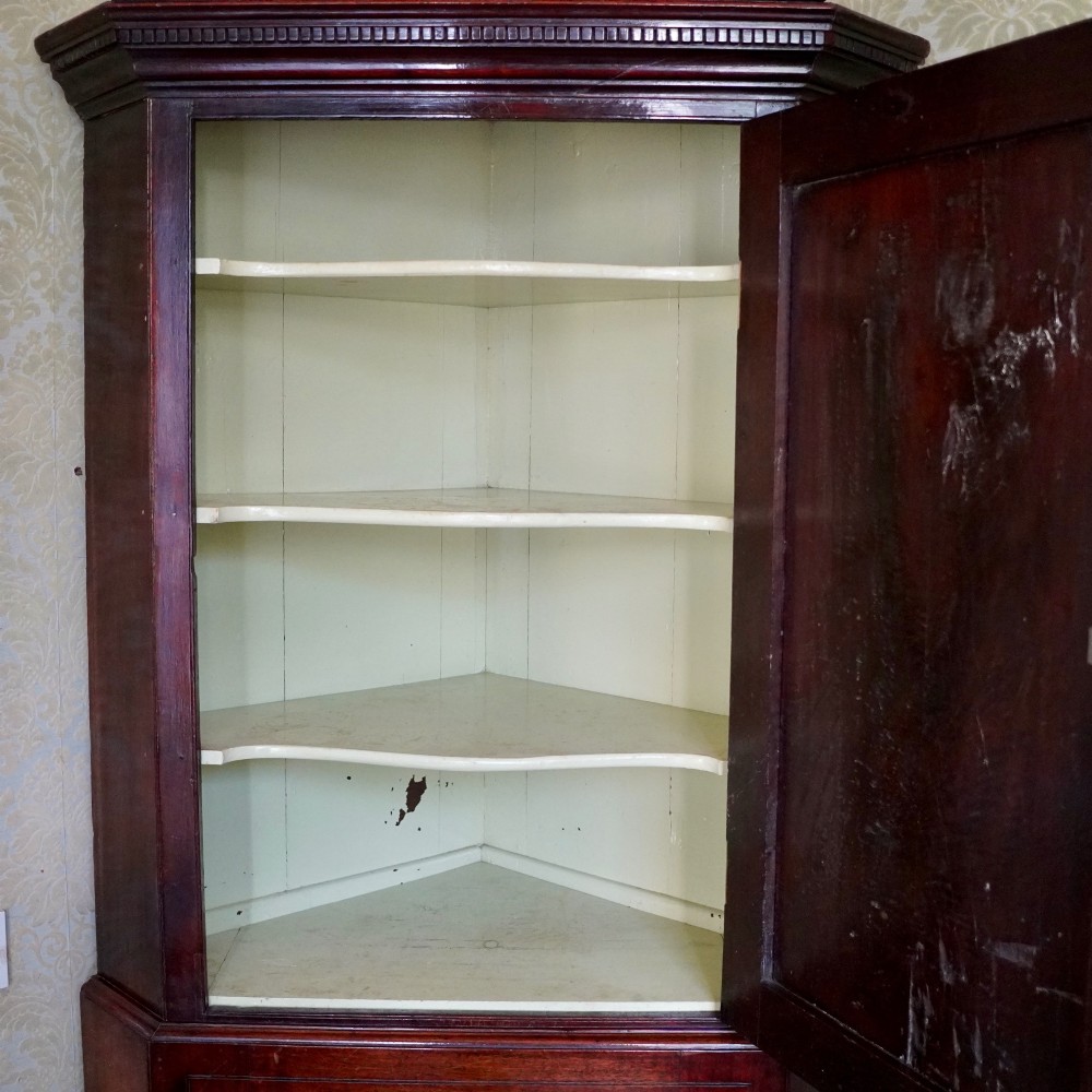 A tall George III standing mahogany corner cupboard featuring a swan-neck pediment with central brass finial and upper and lower fielded panel doors. View II
