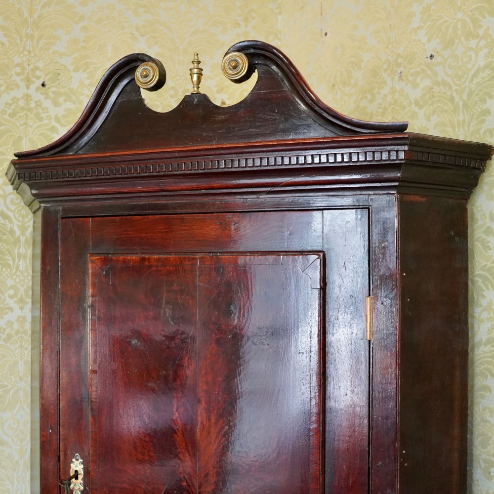 A tall George III standing mahogany corner cupboard featuring a swan-neck pediment with central brass finial and upper and lower fielded panel doors. View V